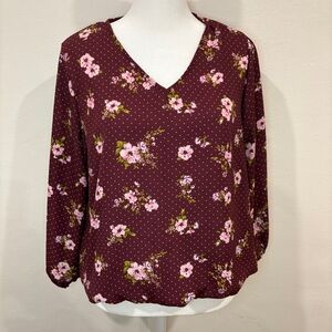 Floral V-Neck Blouse - Burgundy and Pink